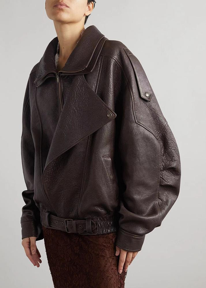 Sarah | Belted Leather Bomber Jacket — Oversized Fit