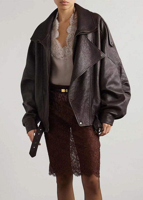 Sarah | Belted Leather Bomber Jacket — Oversized Fit