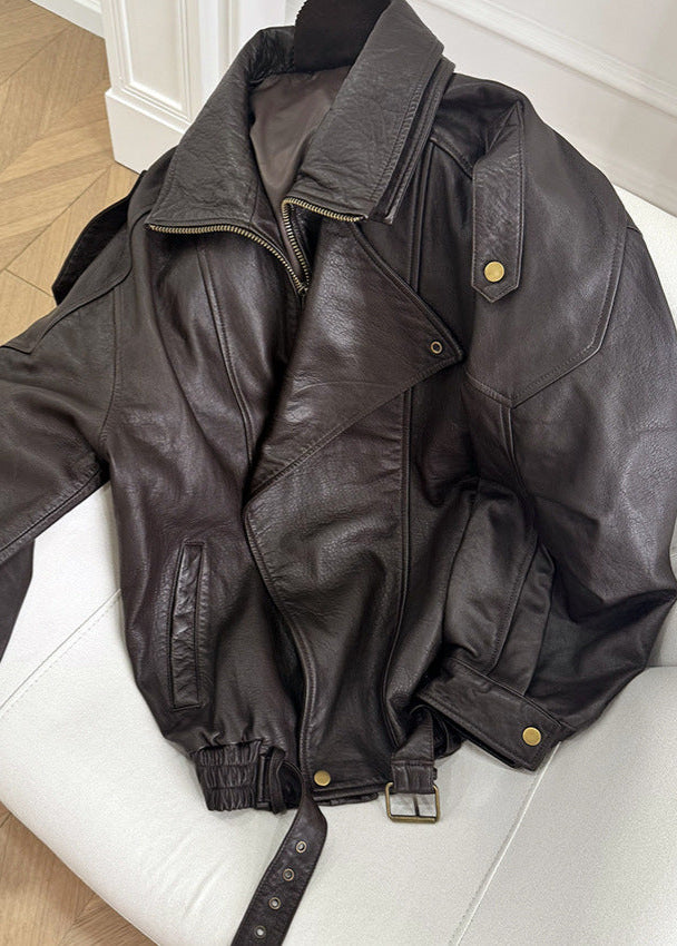 Sarah | Belted Leather Bomber Jacket — Oversized Fit