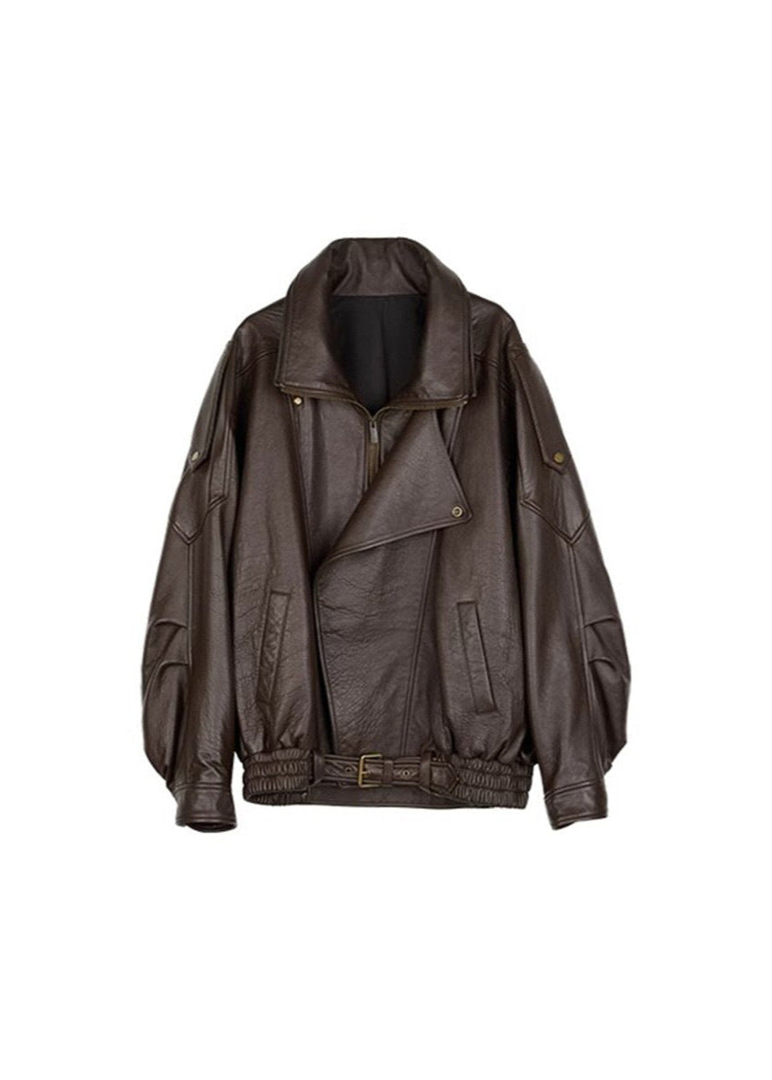 Sarah | Belted Leather Bomber Jacket — Oversized Fit