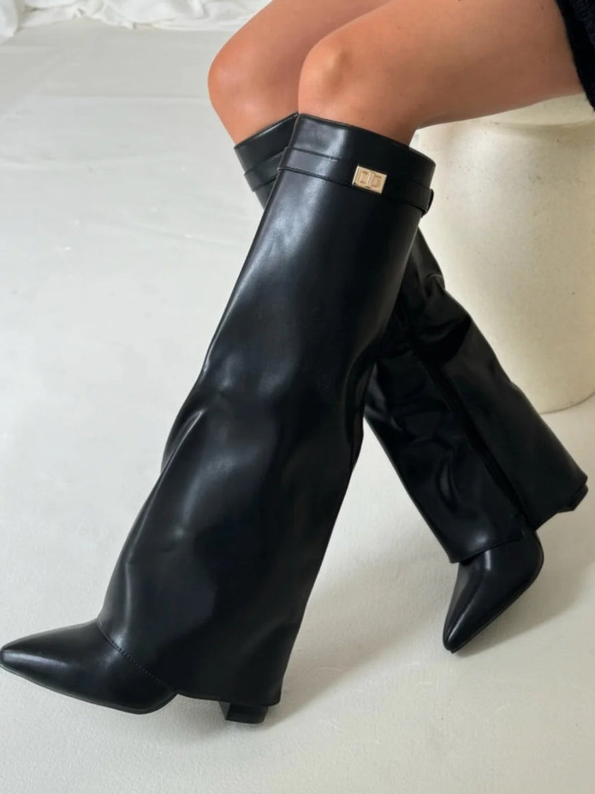 Emily | Sleek Leather Thigh-High Boots with Buckle Detail