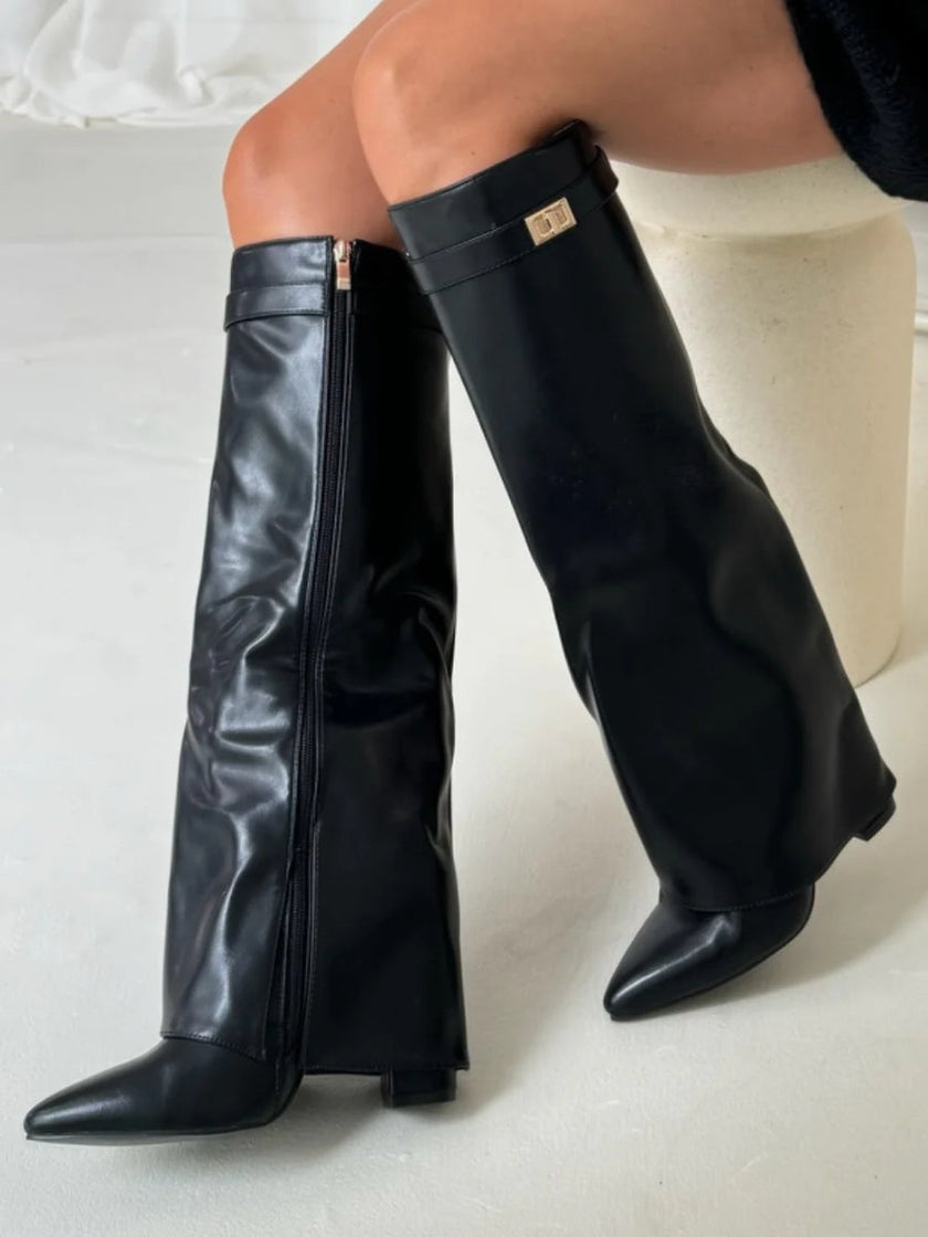 Emily | Sleek Leather Thigh-High Boots with Buckle Detail