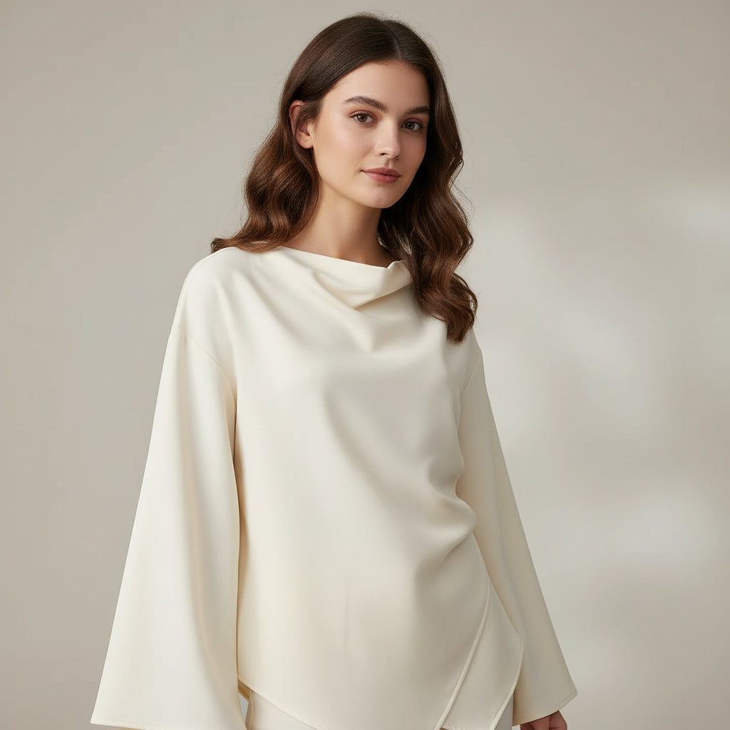 Laura | Ivory Boatneck Blouse with Wide Sleeves - Stylish Viscose Top