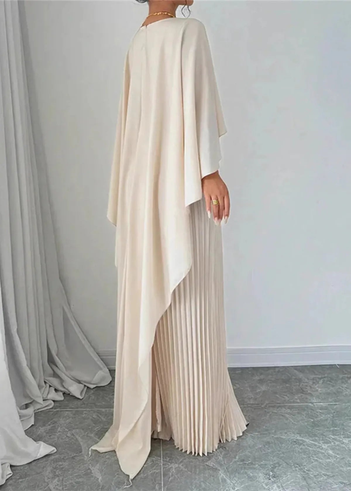 Amelia | Elegant Pleated Cape Overlay Maxi Dress