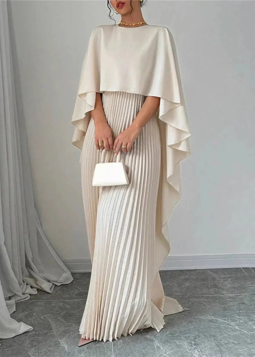 Amelia | Elegant Pleated Cape Overlay Maxi Dress