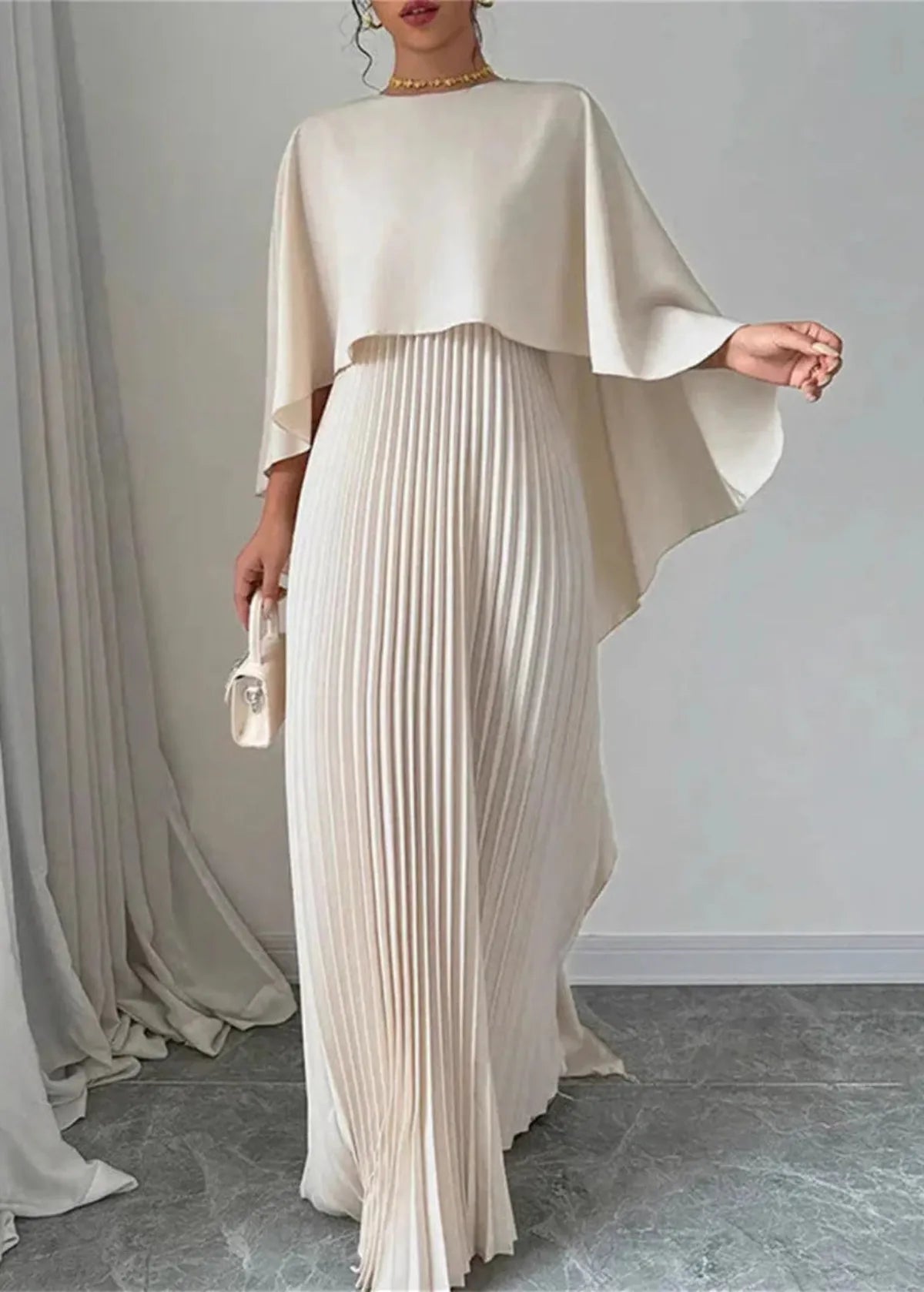 Amelia | Elegant Pleated Cape Overlay Maxi Dress