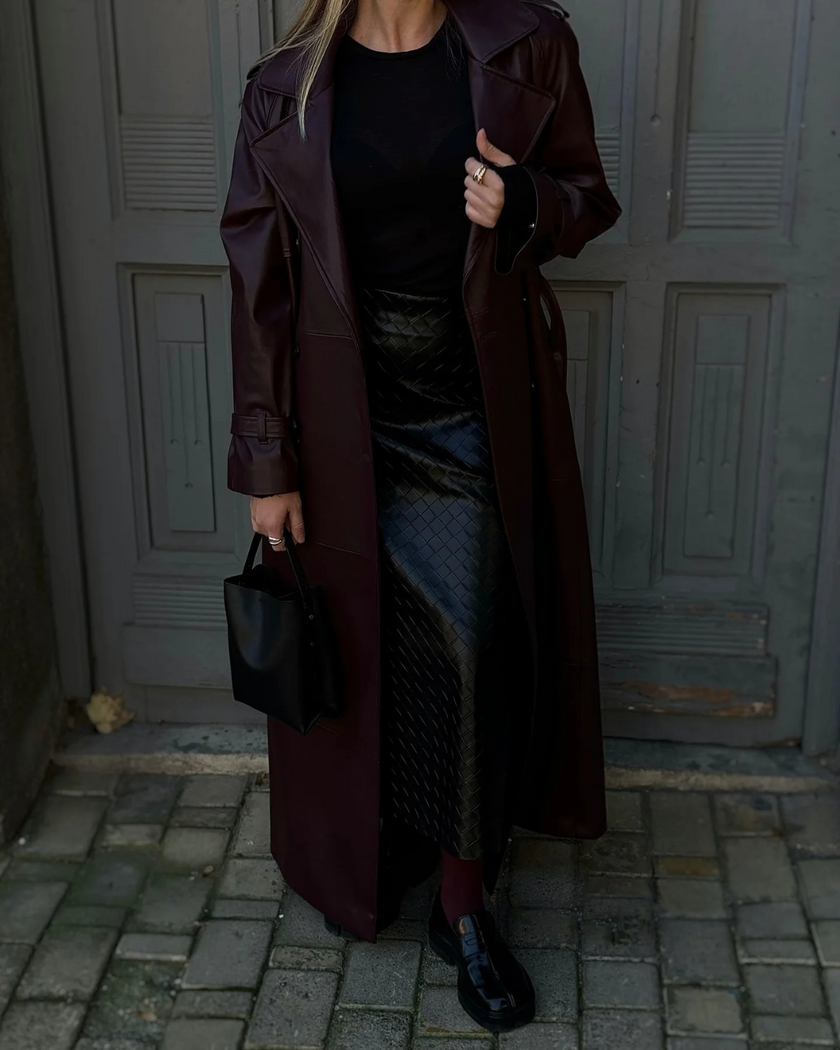 Ava | Winter Leather Maxi Trench Coat – Luxe Leather, Full-Length Warmth for Winter