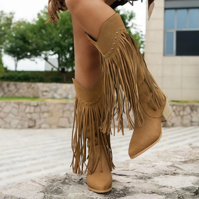 Bella | Fringe High Heel Boots with Studs - Glamorous, Edgy Style