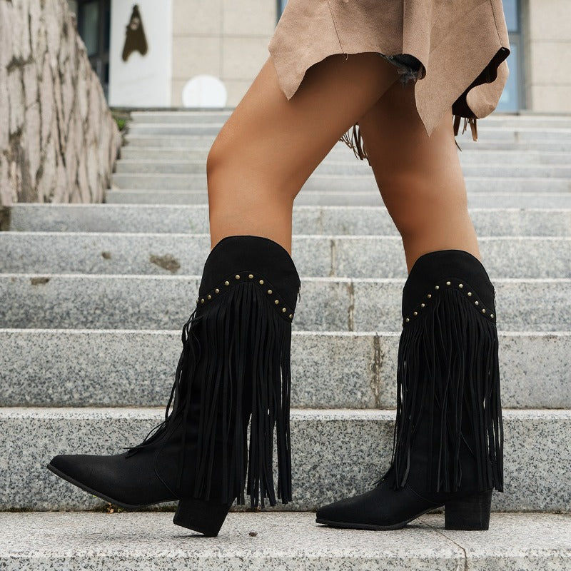 Bella | Fringe High Heel Boots with Studs - Glamorous, Edgy Style