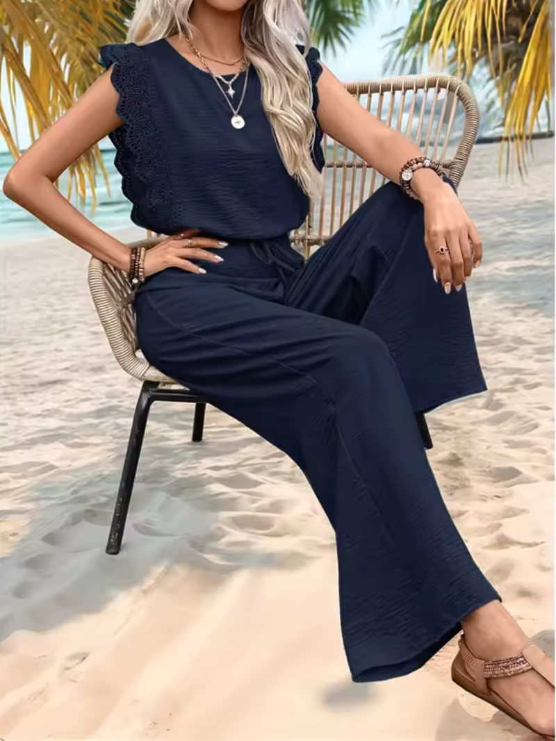 Elegant Lace-Trim Jumpsuit Women | Adjustable Drawstring Waist & Wide-Leg Design for Effortless Style 2