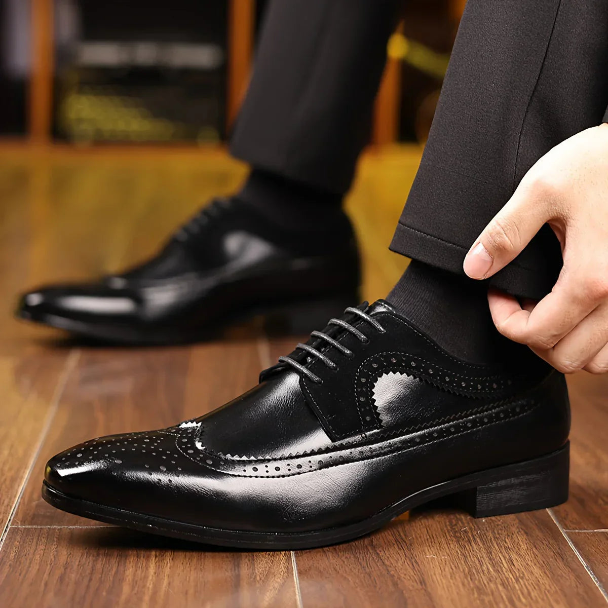 Elegant Oxford | Men's Black Dress Shoes with Gloss Finish & Wingtip Design | Classic Lace-Up Style for Formal Occasions 0