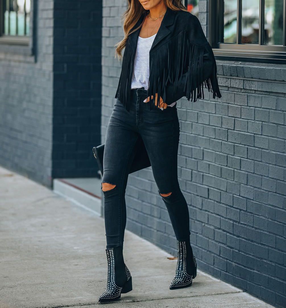 Danielle | Fringed Suede Moto Jacket - Chic Fringe, Edgy Style