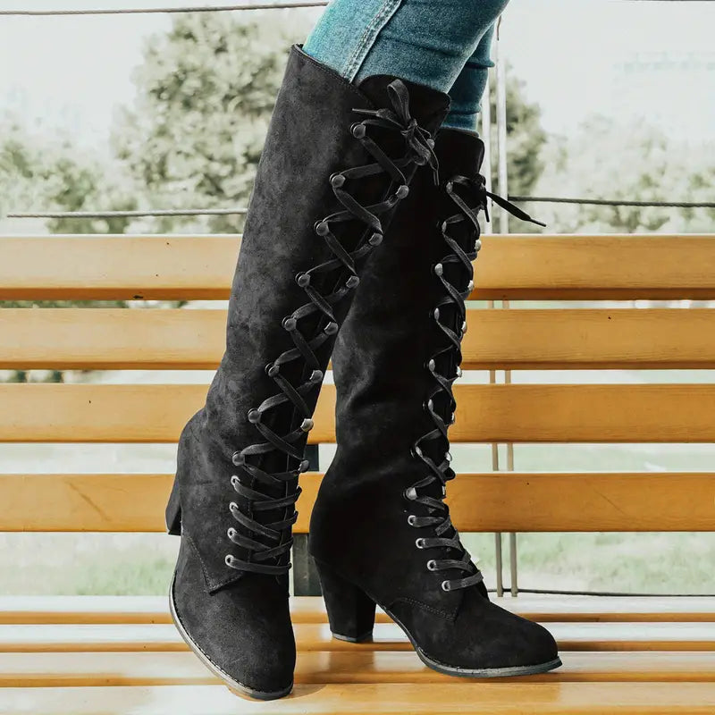 Brianna| Lace-Up Block Heel Knee-High Boots