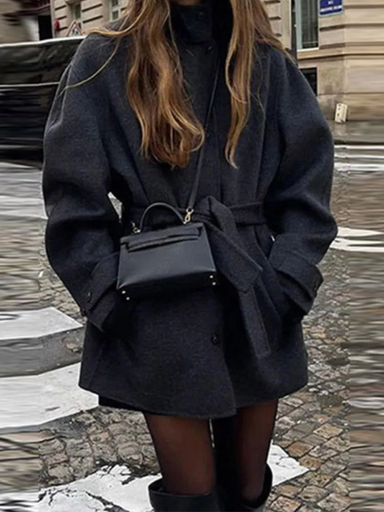 Anna | Winter Belted Short Coat with Stand Collar – Cozy, Stylish & Warm