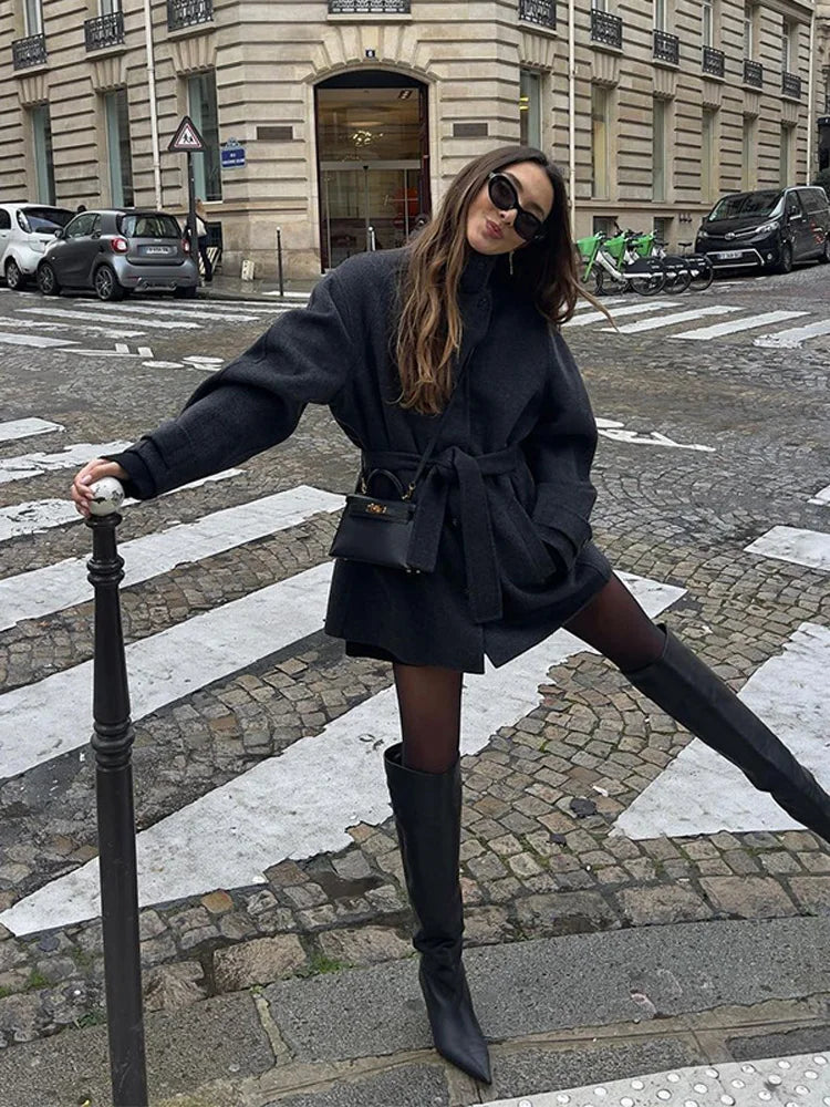 Anna | Winter Belted Short Coat with Stand Collar – Cozy, Stylish & Warm