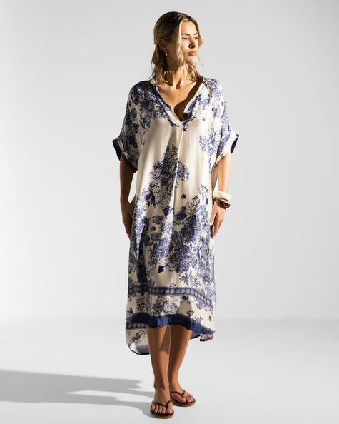 Navy Silk Kaftan Dress for Women | Elegant Beach Caftan with Pockets, Made in Italy 1