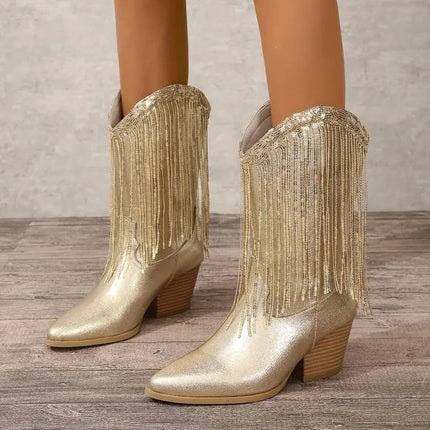 Claire | Metallic Fringe High Heel Boots – Striking Shine and Fringe Detail