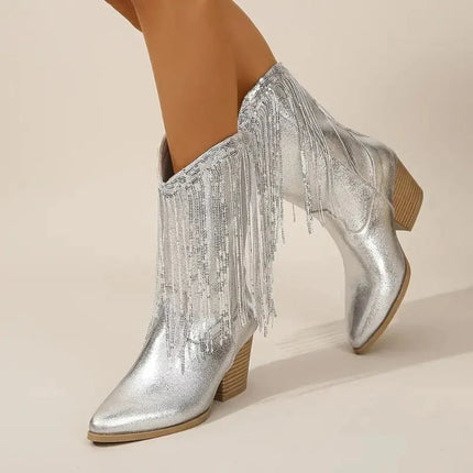 Claire | Metallic Fringe High Heel Boots – Striking Shine and Fringe Detail