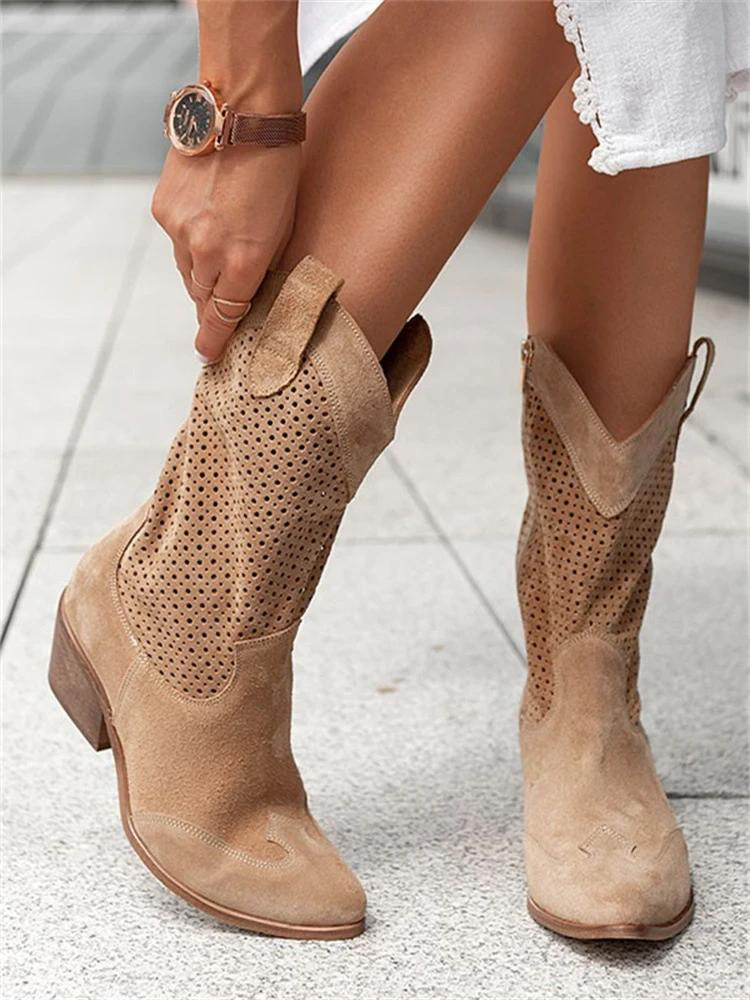 Chloe | Winter Perforated Western Boots – Sleek, Breathable & Cozy