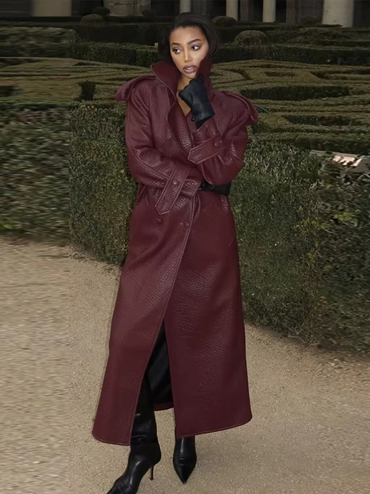 Audrey | Winter Long Trench Leather Coat - Sleek, Timeless Luxury Outerwear