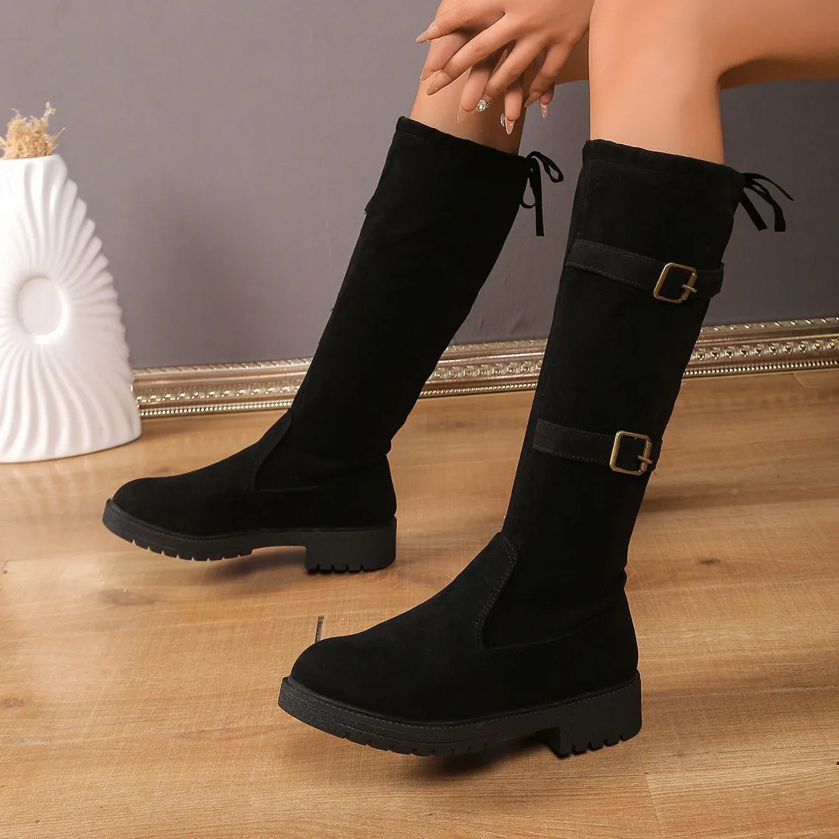 Dana | Knee-High Boots with Buckle and Lace-Up Details