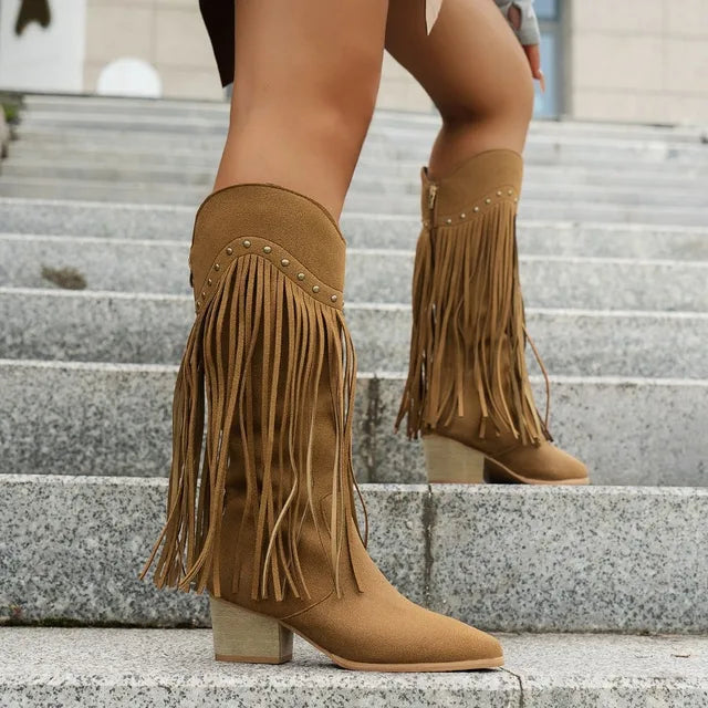 Bella | Fringe High Heel Boots with Studs - Glamorous, Edgy Style