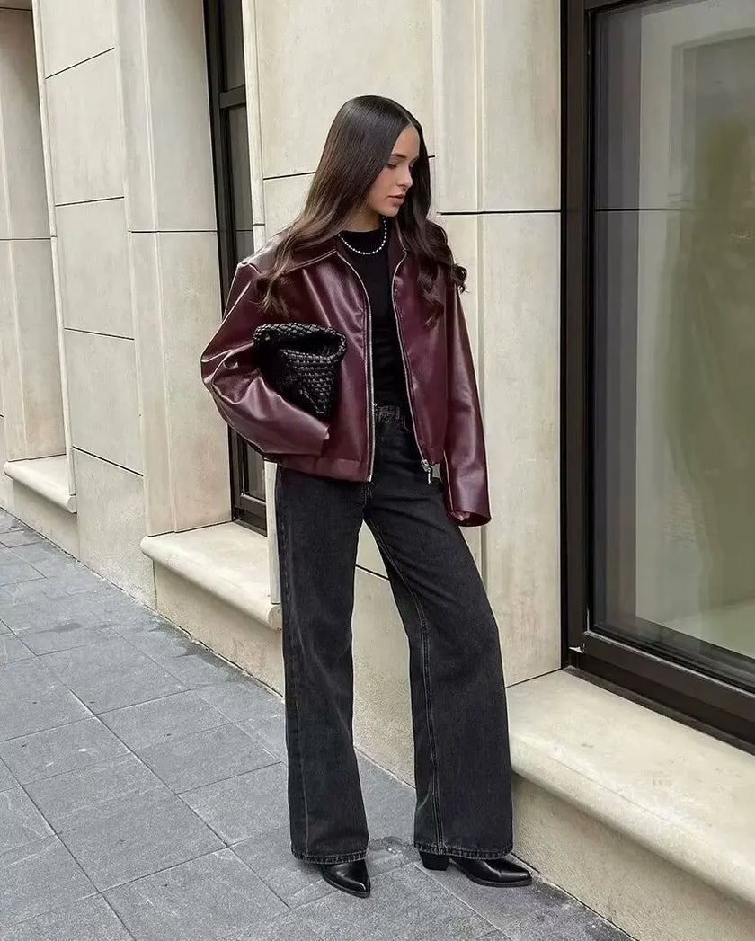 Harper | Faux Leather Bomber Jacket - Sleek, Statement-Making Outerwear