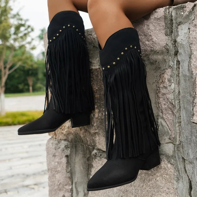 Bella | Fringe High Heel Boots with Studs - Glamorous, Edgy Style