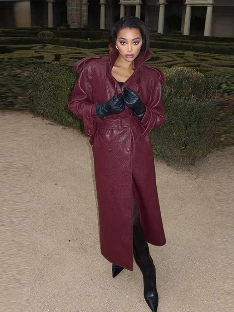 Audrey | Winter Long Trench Leather Coat - Sleek, Timeless Luxury Outerwear