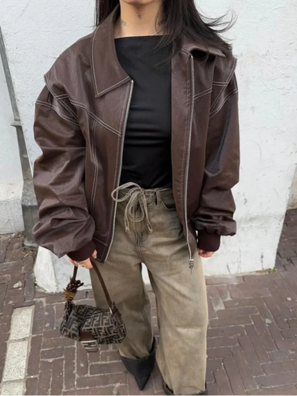 Samantha | Ultra-Oversized Leather Bomber Jacket with Zip Closure