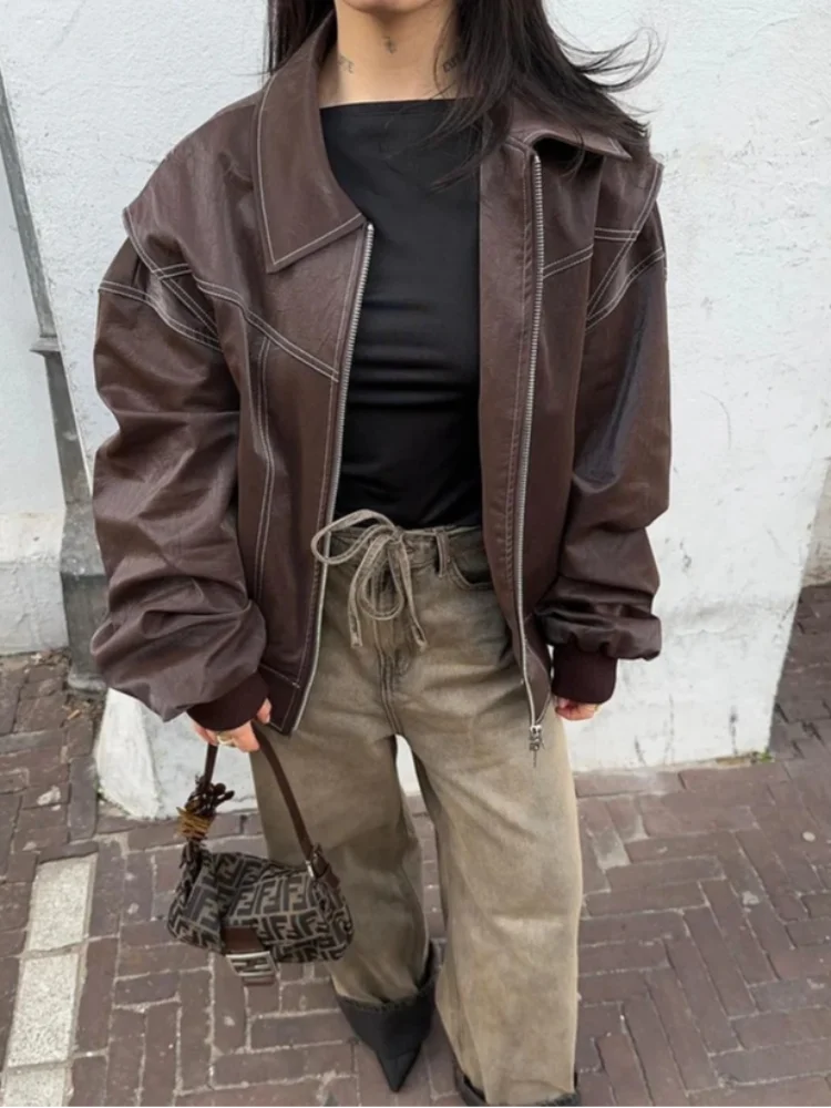 Samantha | Ultra-Oversized Leather Bomber Jacket with Zip Closure