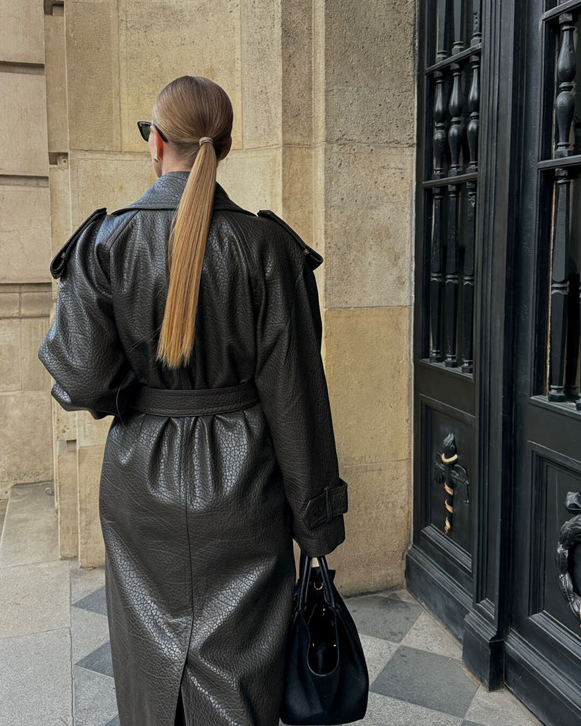 Audrey | Winter Long Trench Leather Coat - Sleek, Timeless Luxury Outerwear