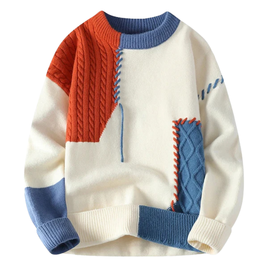 Stylish Cable Knit Sweater for Men with Textured Patchwork Design | Versatile Layering for Comfort 0