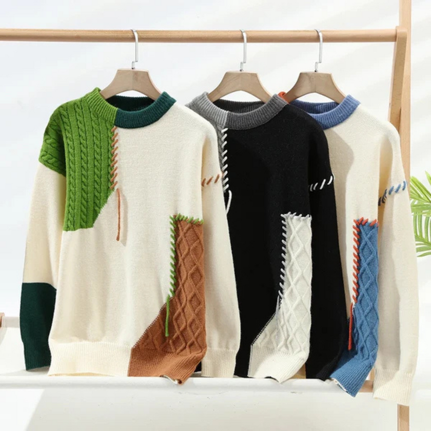 Stylish Cable Knit Sweater for Men with Textured Patchwork Design | Versatile Layering for Comfort 5