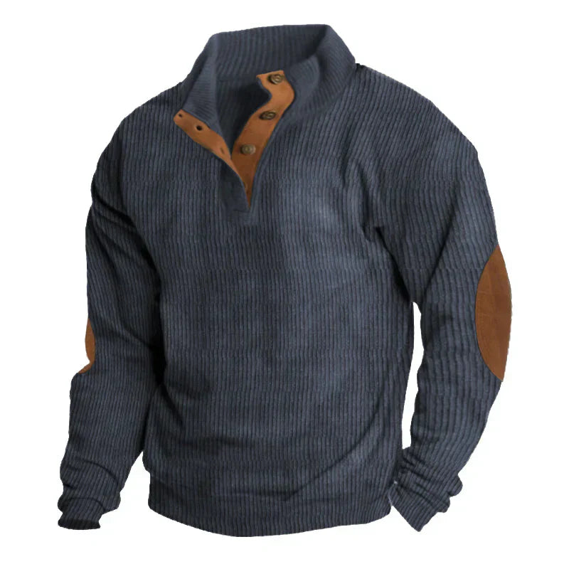 Stylish Ribbed Men's Sweater with Button Placket & Contrasting Elbow Patches | Versatile Layering Option for Cool Days 1