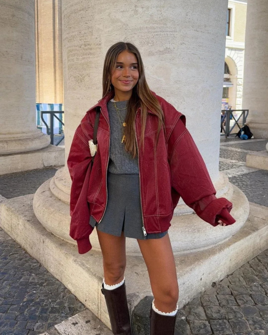 Samantha | Ultra-Oversized Leather Bomber Jacket with Zip Closure