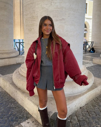 Samantha | Ultra-Oversized Leather Bomber Jacket with Zip Closure