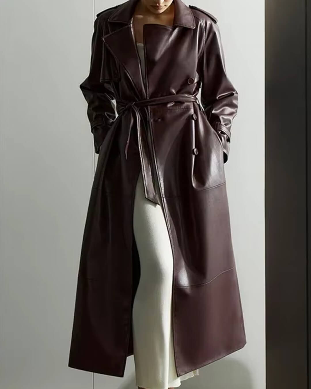 Ava | Winter Leather Maxi Trench Coat – Luxe Leather, Full-Length Warmth for Winter