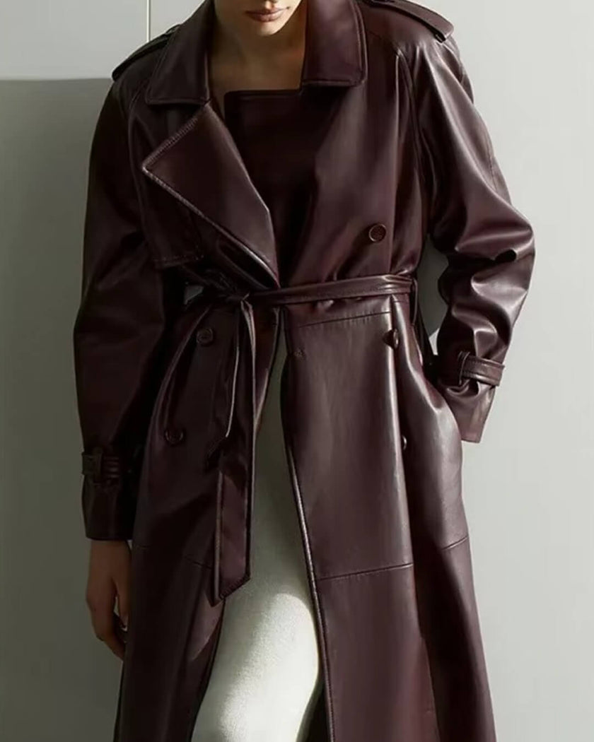 Ava | Winter Leather Maxi Trench Coat – Luxe Leather, Full-Length Warmth for Winter