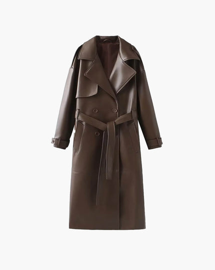 Ava | Winter Leather Maxi Trench Coat – Luxe Leather, Full-Length Warmth for Winter