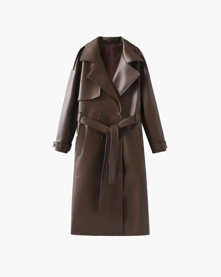 Ava | Winter Leather Maxi Trench Coat – Luxe Leather, Full-Length Warmth for Winter