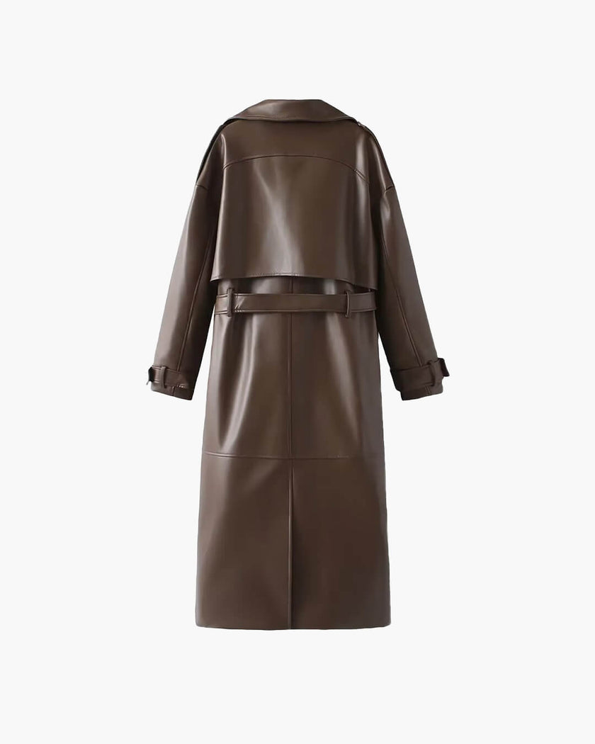Ava | Winter Leather Maxi Trench Coat – Luxe Leather, Full-Length Warmth for Winter